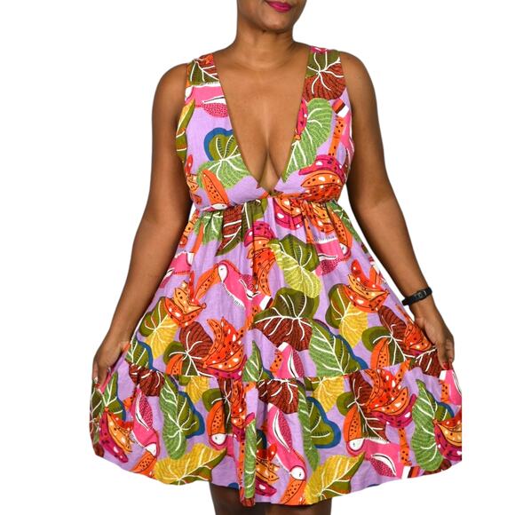House of Harlow Tropical Print Linen Dress Purple Toucan Open Back Halter XS - Picture 15 of 15